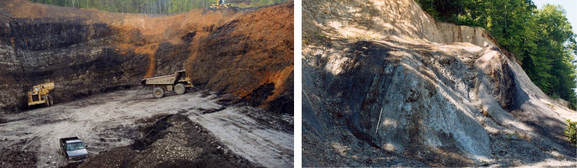 Moderate to steep coal dips are common in surface mines near faults around Middlesboro, Kentucky in eastern Kentucky.